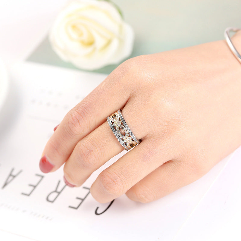 Unisex Two Tone Gold Zircon Ring Hollow Geometric Jewelry Copper Band For Men Women European Style Copper Ring