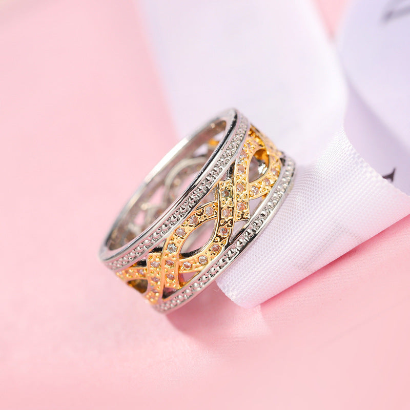 Unisex Two Tone Gold Zircon Ring Hollow Geometric Jewelry Copper Band For Men Women European Style Copper Ring