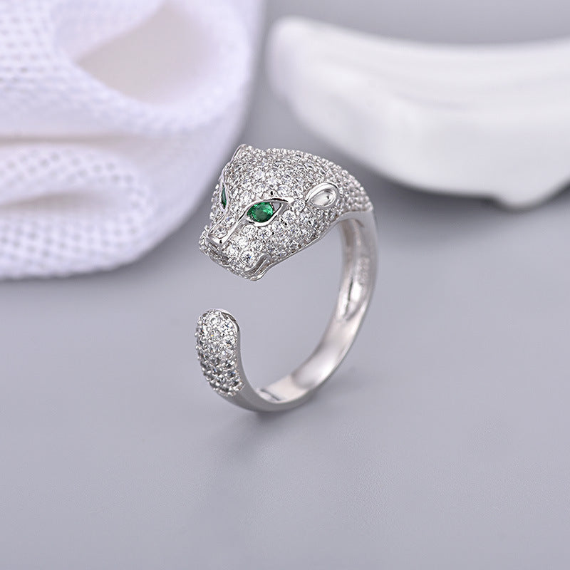 Leopard Head Ring With Zircon Inlay Adjustable Opening Copper Plated Platinum Jewelry For Women European Style