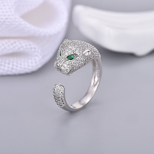 Leopard Head Ring With Zircon Inlay Adjustable Opening Copper Plated Platinum Jewelry For Women European Style