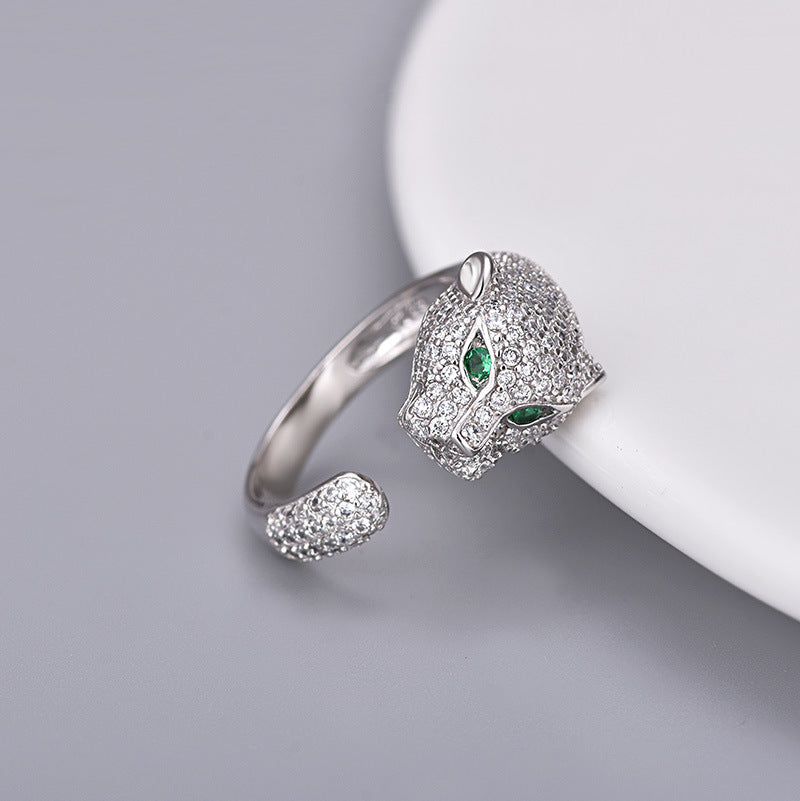 Leopard Head Ring With Zircon Inlay Adjustable Opening Copper Plated Platinum Jewelry For Women European Style