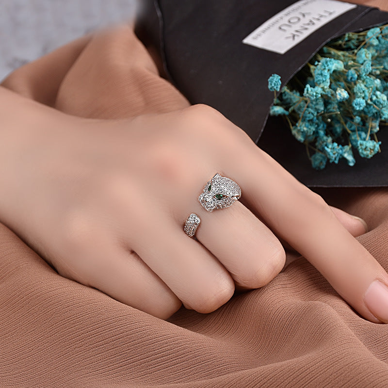 Leopard Head Ring With Zircon Inlay Adjustable Opening Copper Plated Platinum Jewelry For Women European Style