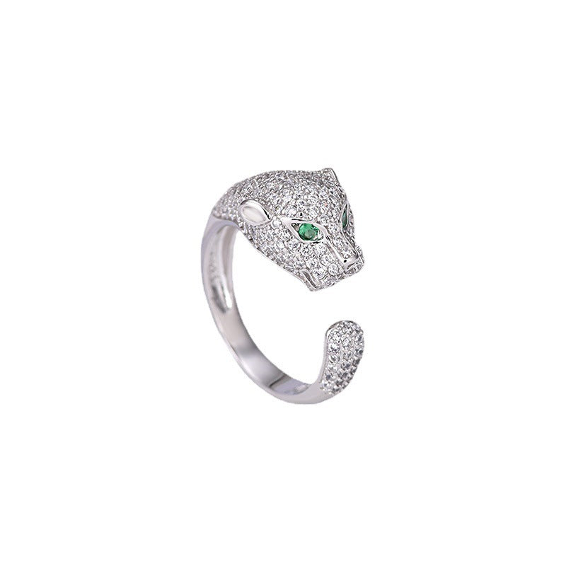 Leopard Head Ring With Zircon Inlay Adjustable Opening Copper Plated Platinum Jewelry For Women European Style