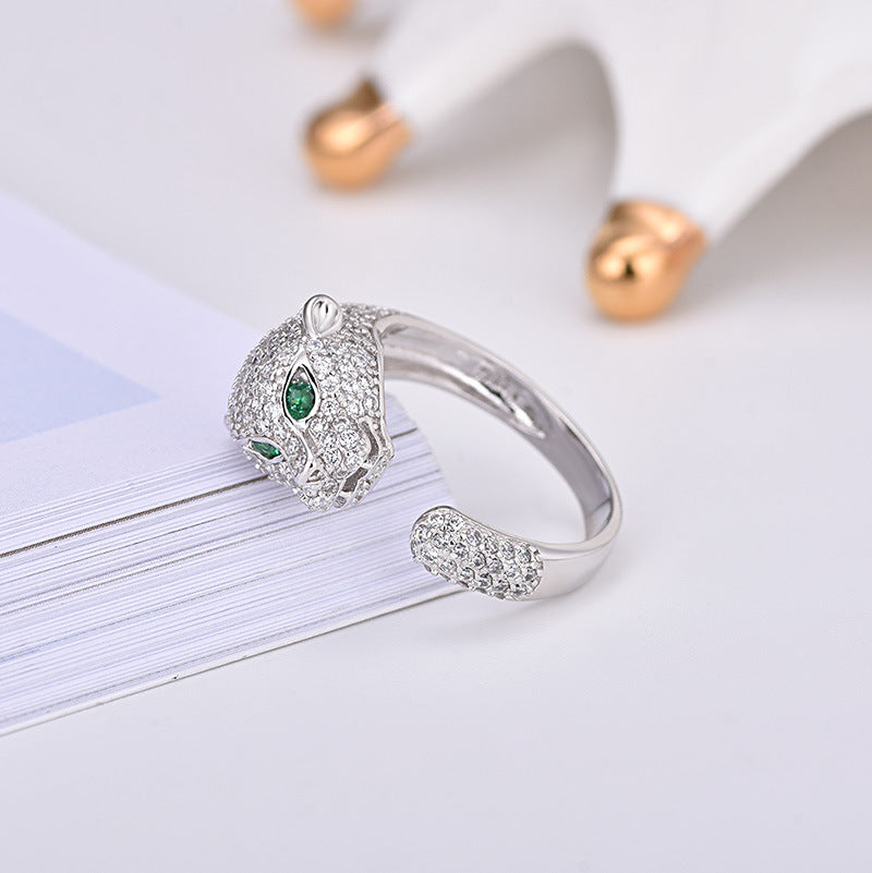 Leopard Head Ring With Zircon Inlay Adjustable Opening Copper Plated Platinum Jewelry For Women European Style