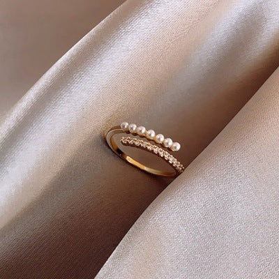 Adjustable Pearl Ring With Open Tail Design Floral Gold Plated Copper Ring For Index Finger Open Pearl Setting