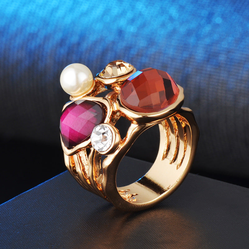 Womens Gold Plated Alloy Gemstones Pearl Rings Elegant Fashion Statement Durable Jewelry For Special Occasions
