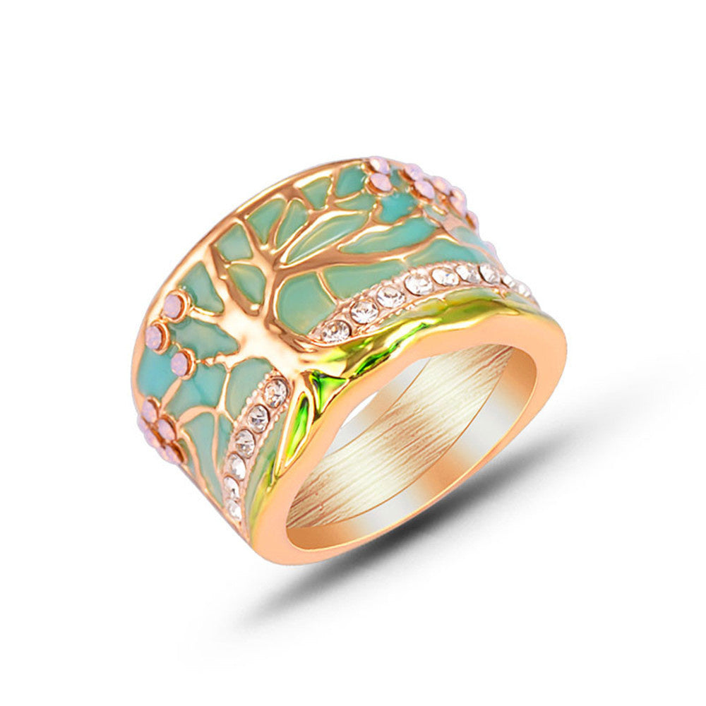 Womens Retro Gold Plated Alloy Ring With Artificial Gemstone Inlaid Diamond Cut Elegant Jewelry Accessory Style A Tree