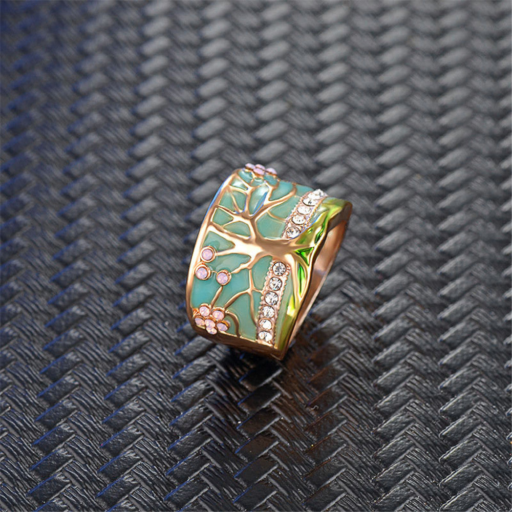 Womens Retro Gold Plated Alloy Ring With Artificial Gemstone Inlaid Diamond Cut Elegant Jewelry Accessory Style A Tree