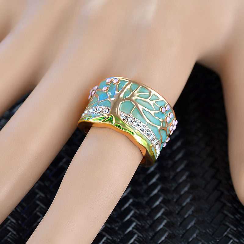 Womens Retro Gold Plated Alloy Ring With Artificial Gemstone Inlaid Diamond Cut Elegant Jewelry Accessory Style A Tree