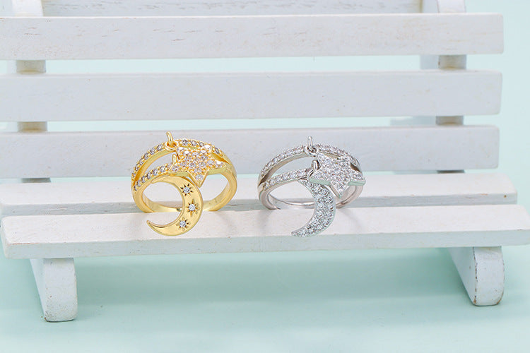 Double Layer Star Moon Pendant Ring Adjustable Gold And Silver Tone Cubic Zirconia Adornment With Gentle Shine