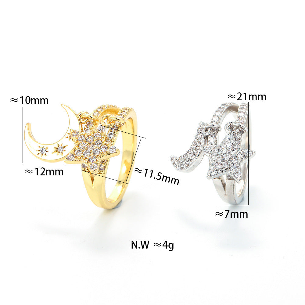 Double Layer Star Moon Pendant Ring Adjustable Gold And Silver Tone Cubic Zirconia Adornment With Gentle Shine
