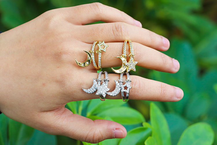 Double Layer Star Moon Pendant Ring Adjustable Gold And Silver Tone Cubic Zirconia Adornment With Gentle Shine