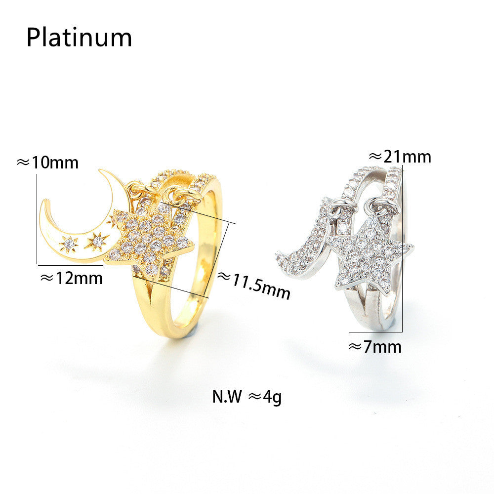 Double Layer Star Moon Pendant Ring Adjustable Gold And Silver Tone Cubic Zirconia Adornment With Gentle Shine