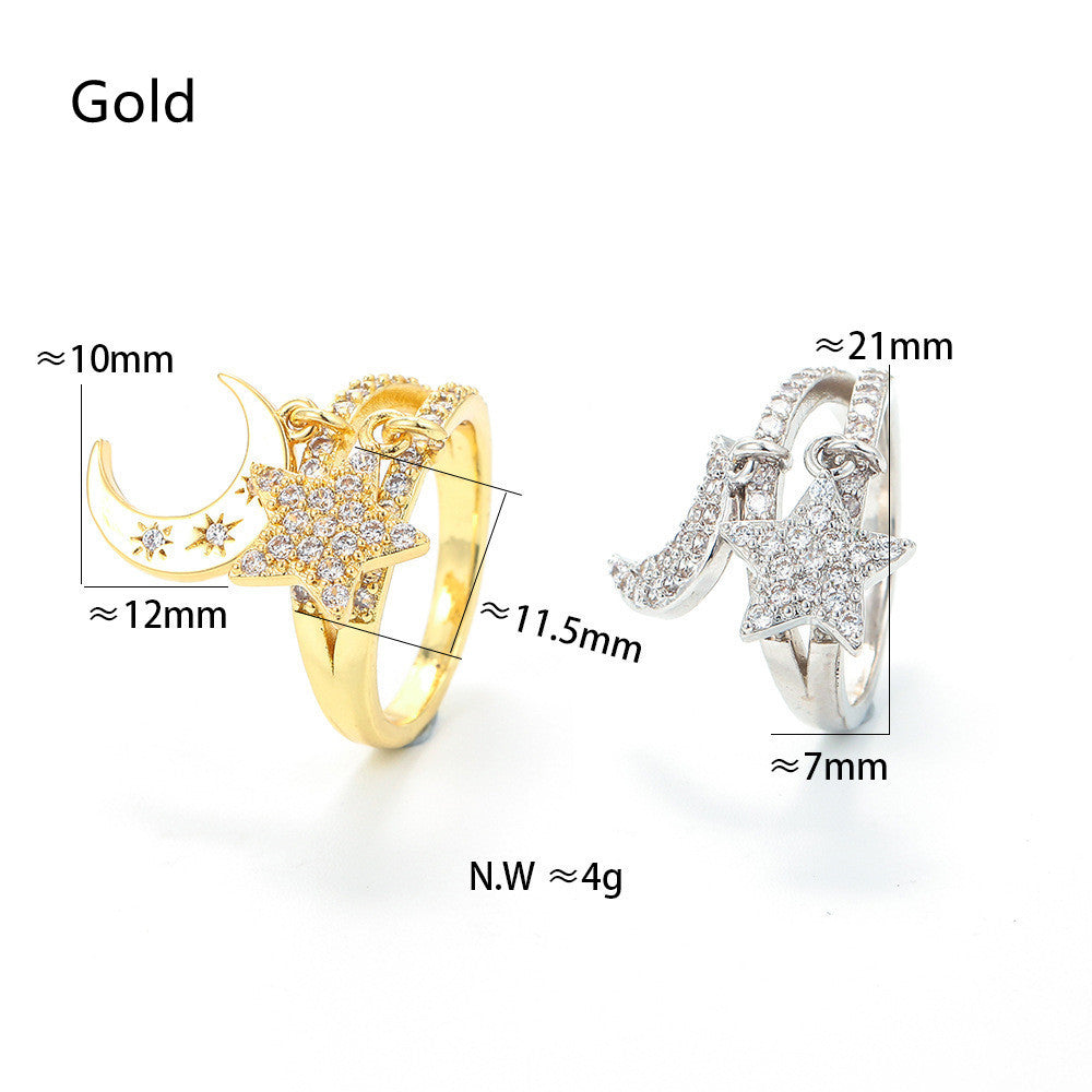 Double Layer Star Moon Pendant Ring Adjustable Gold And Silver Tone Cubic Zirconia Adornment With Gentle Shine
