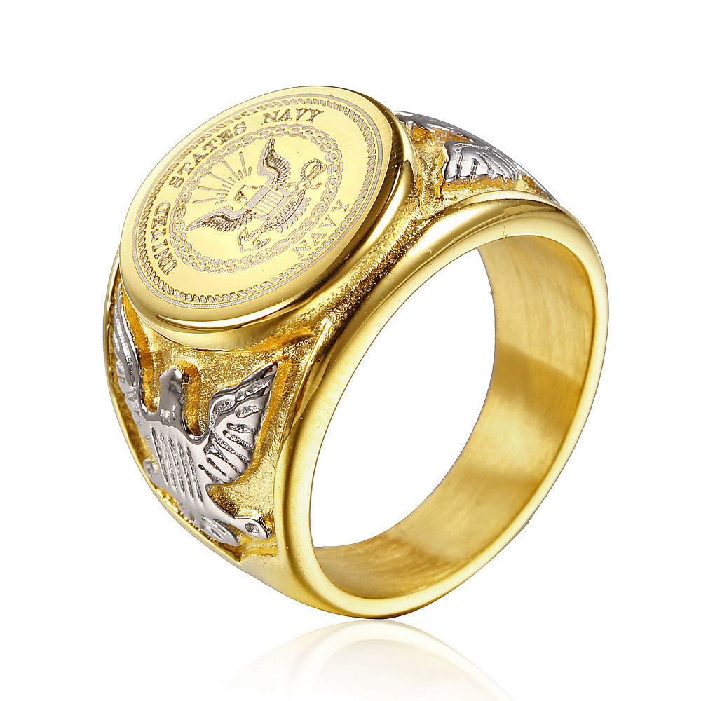 Mens Titanium Steel Ring Army Badge Soldier Ring Eagle Logo Ring Personality Finger Ring Golden Army Navy Air Force