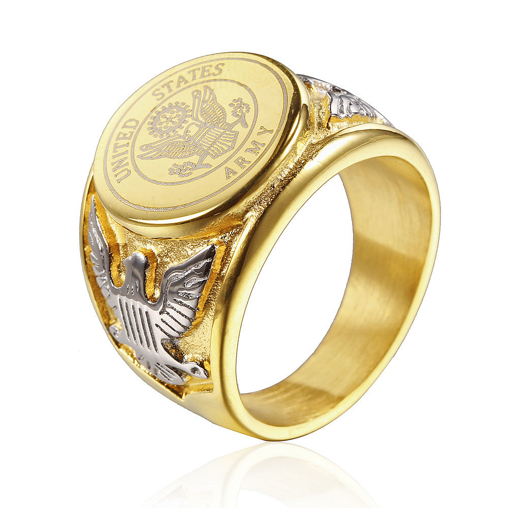 Mens Titanium Steel Ring Army Badge Soldier Ring Eagle Logo Ring Personality Finger Ring Golden Army Navy Air Force