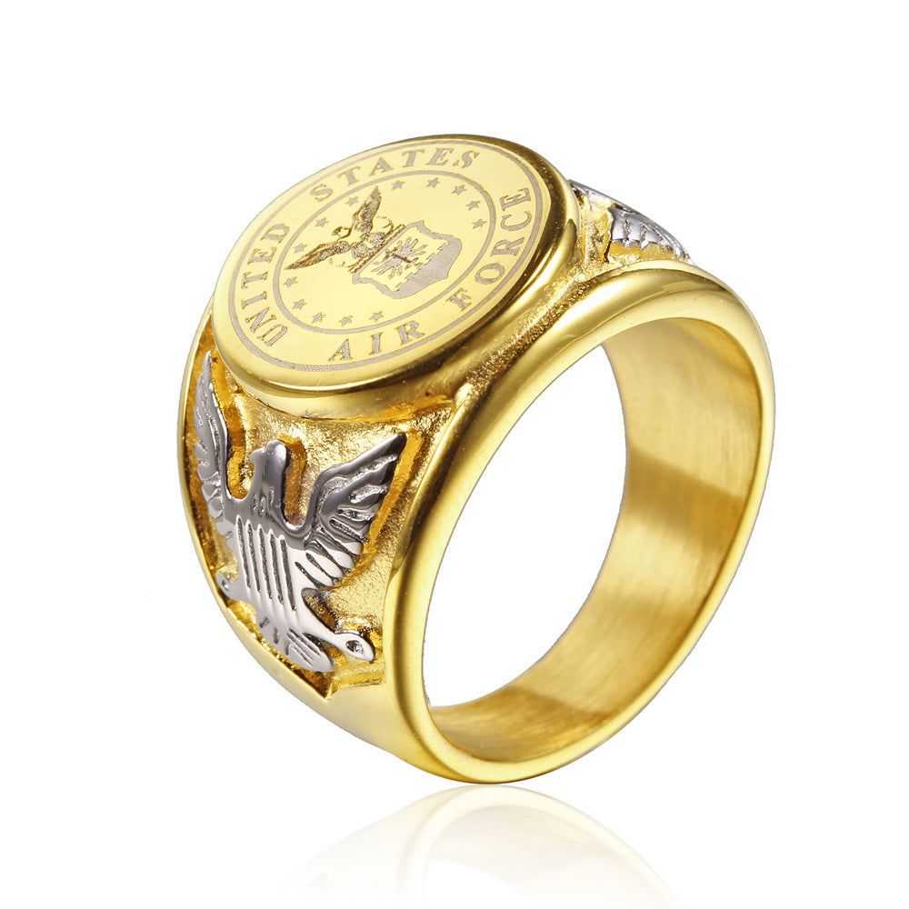 Mens Titanium Steel Ring Army Badge Soldier Ring Eagle Logo Ring Personality Finger Ring Golden Army Navy Air Force