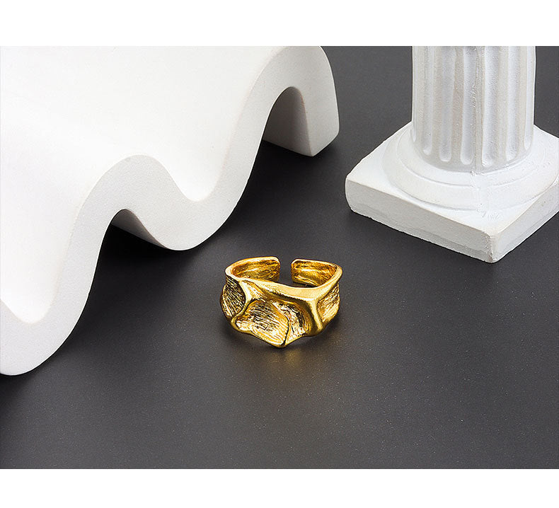 Adjustable Copper Ring Geometric Fold Texture Electroplated Thin Band Womens Minimalist Jewelry Gift Travel Accessory