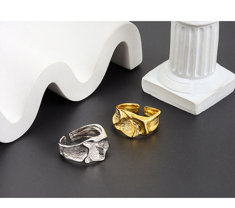 Adjustable Copper Ring Geometric Fold Texture Electroplated Thin Band Womens Minimalist Jewelry Gift Travel Accessory