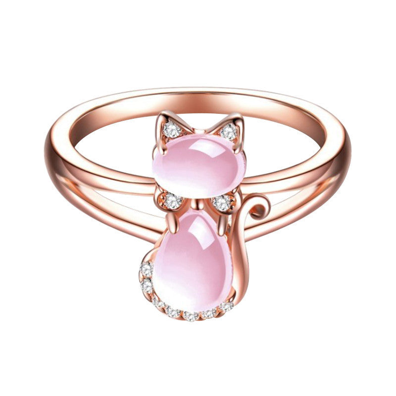 Cat Ring Rose Gold Plated Pink Crystal Hibiscus Stone Accent Cartoon Animal Design Alloy Electroplated Jewelry