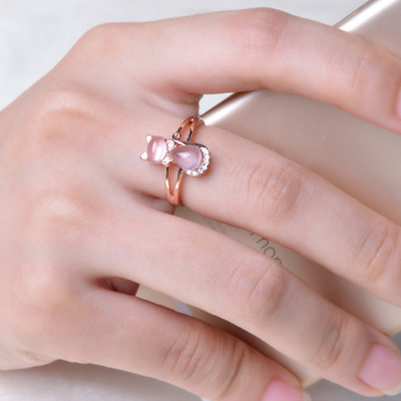 Cat Ring Rose Gold Plated Pink Crystal Hibiscus Stone Accent Cartoon Animal Design Alloy Electroplated Jewelry