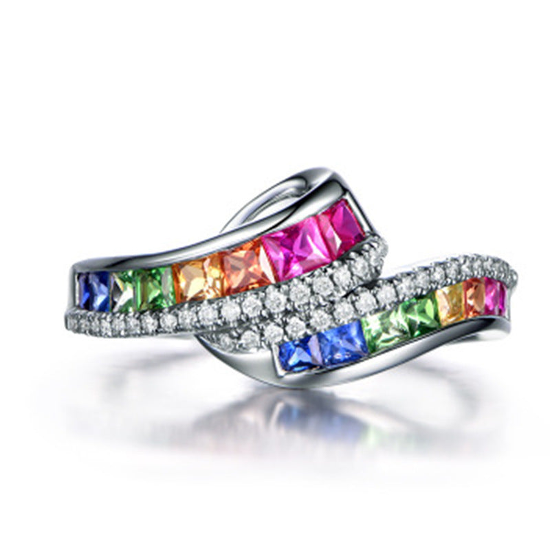 Geometric Alloy Ring Rainbow Gemstone for Women Jewelry Gift