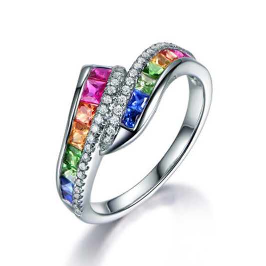Geometric Alloy Ring Rainbow Gemstone for Women Jewelry Gift