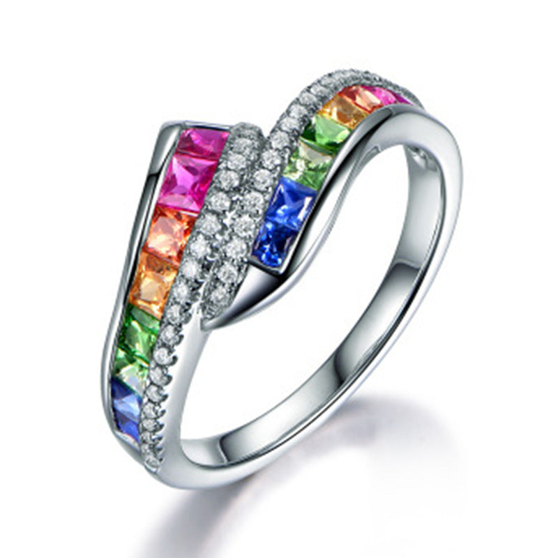 Geometric Alloy Ring Rainbow Gemstone for Women Jewelry Gift