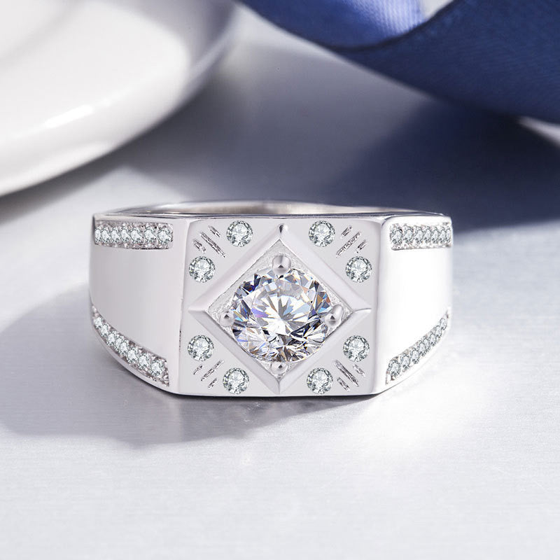 Mens Adjustable Open Geometric Zircon Copper Electroplated Silver Tone Ring Fashion Jewelry European American Style