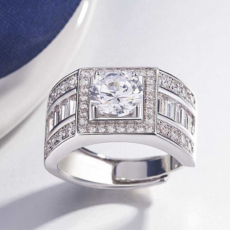 Mens Adjustable Open Geometric Zircon Copper Electroplated Silver Tone Ring Fashion Jewelry European American Style