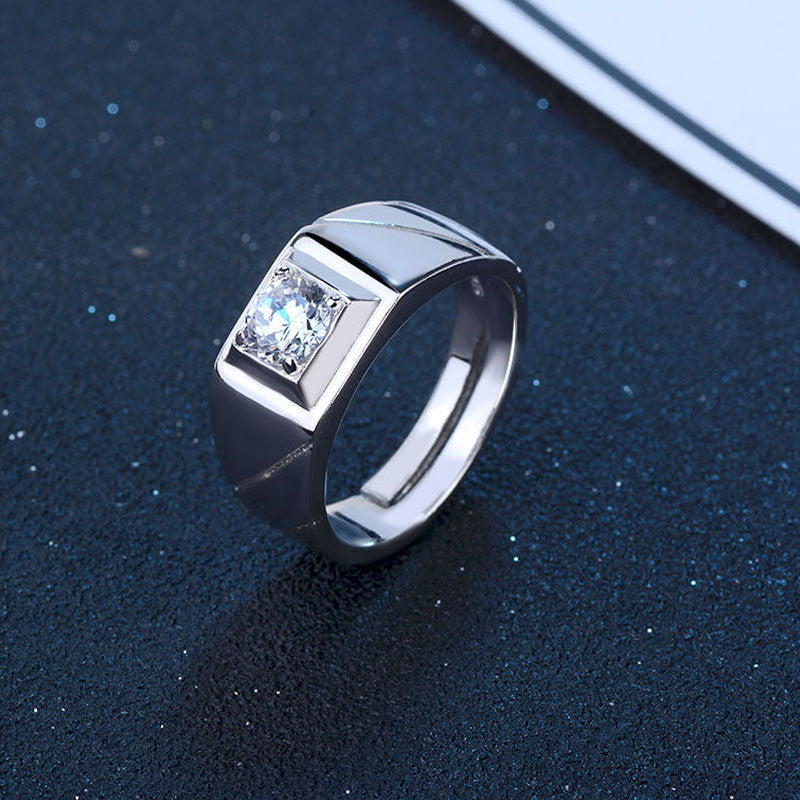 Mens Adjustable Open Geometric Zircon Copper Electroplated Silver Tone Ring Fashion Jewelry European American Style