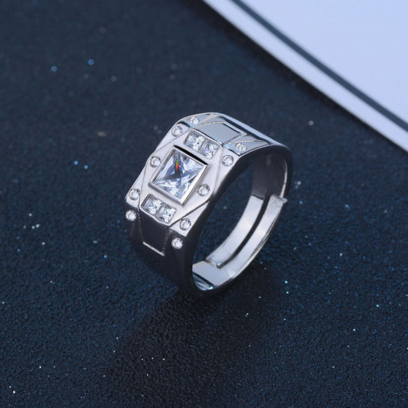 Mens Adjustable Open Geometric Zircon Copper Electroplated Silver Tone Ring Fashion Jewelry European American Style