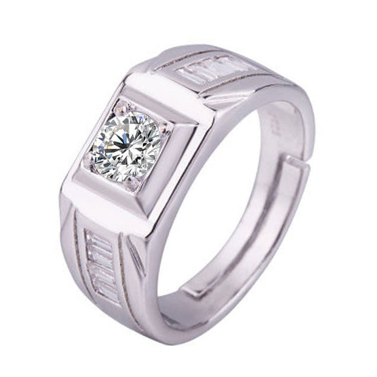 Mens Adjustable Open Geometric Zircon Copper Electroplated Silver Tone Ring Fashion Jewelry European American Style