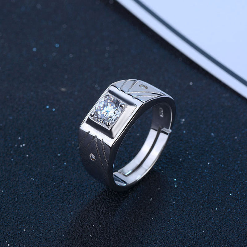 Mens Adjustable Open Geometric Zircon Copper Electroplated Silver Tone Ring Fashion Jewelry European American Style