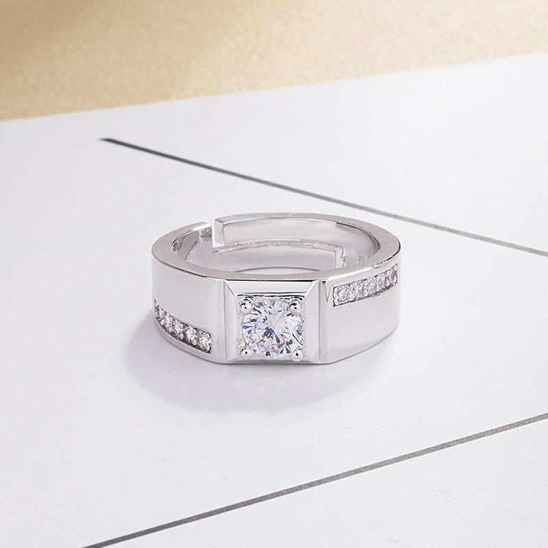 Mens Adjustable Open Geometric Zircon Copper Electroplated Silver Tone Ring Fashion Jewelry European American Style