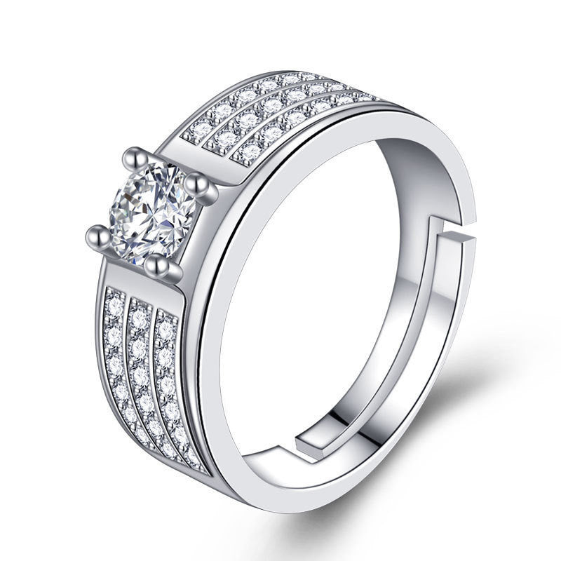 Mens Adjustable Open Geometric Zircon Copper Electroplated Silver Tone Ring Fashion Jewelry European American Style