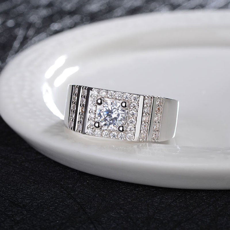 Mens Adjustable Open Geometric Zircon Copper Electroplated Silver Tone Ring Fashion Jewelry European American Style