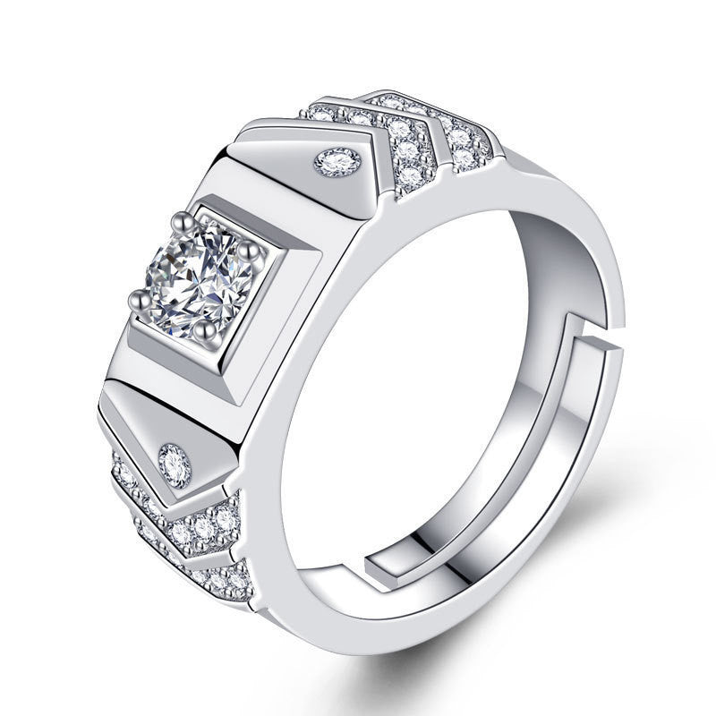 Mens Adjustable Open Geometric Zircon Copper Electroplated Silver Tone Ring Fashion Jewelry European American Style