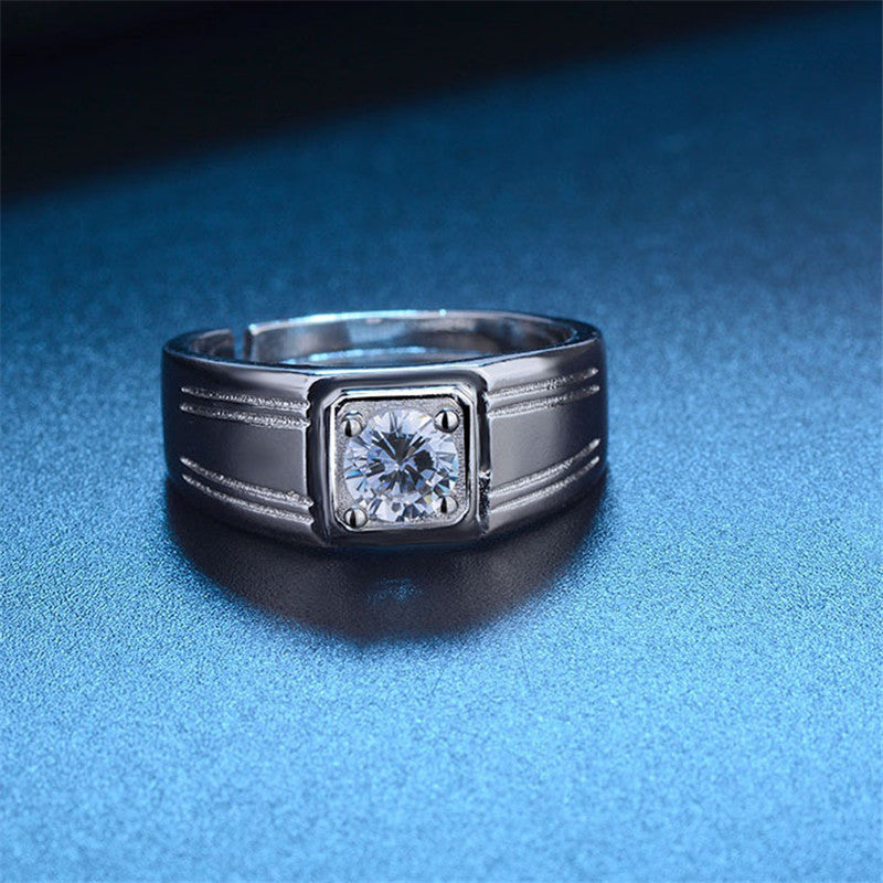 Mens Adjustable Open Geometric Zircon Copper Electroplated Silver Tone Ring Fashion Jewelry European American Style