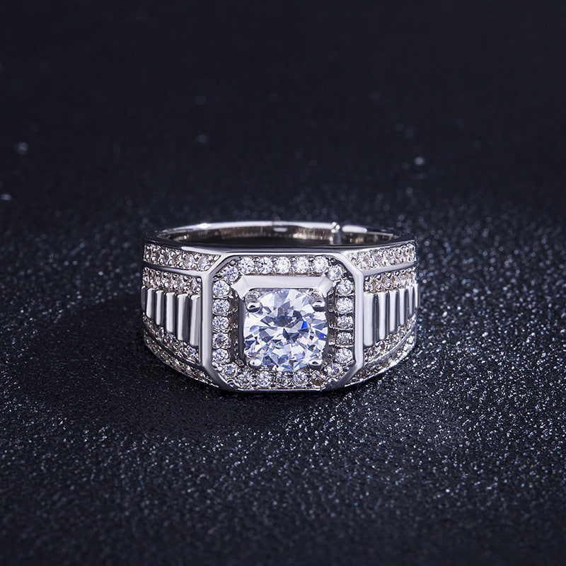 Mens Adjustable Open Geometric Zircon Copper Electroplated Silver Tone Ring Fashion Jewelry European American Style