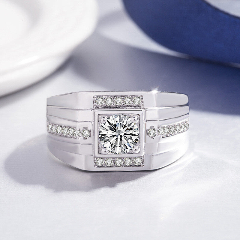 Mens Adjustable Open Geometric Zircon Copper Electroplated Silver Tone Ring Fashion Jewelry European American Style