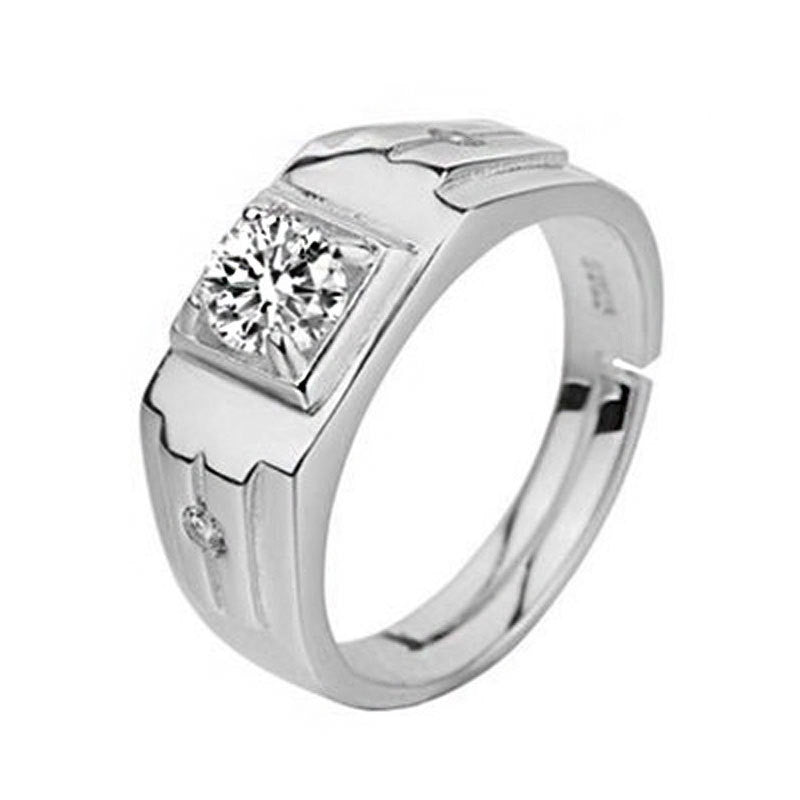 Mens Adjustable Open Geometric Zircon Copper Electroplated Silver Tone Ring Fashion Jewelry European American Style