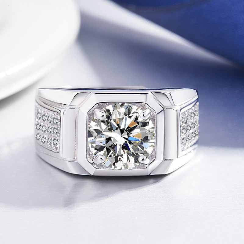 Mens Adjustable Open Geometric Zircon Copper Electroplated Silver Tone Ring Fashion Jewelry European American Style