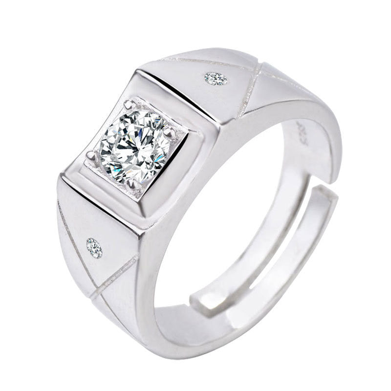 Mens Adjustable Open Geometric Zircon Copper Electroplated Silver Tone Ring Fashion Jewelry European American Style