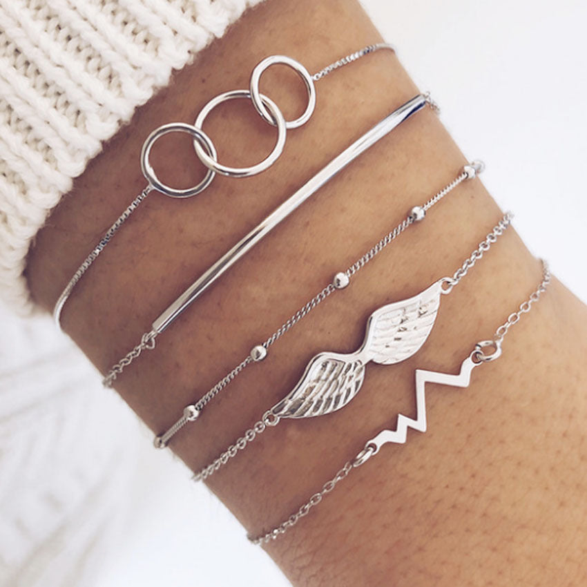 Women Bracelet Set of 5 Electroplated Alloy Wing String Bead Round Tube Circle Design Lightweight Jewelry Gift