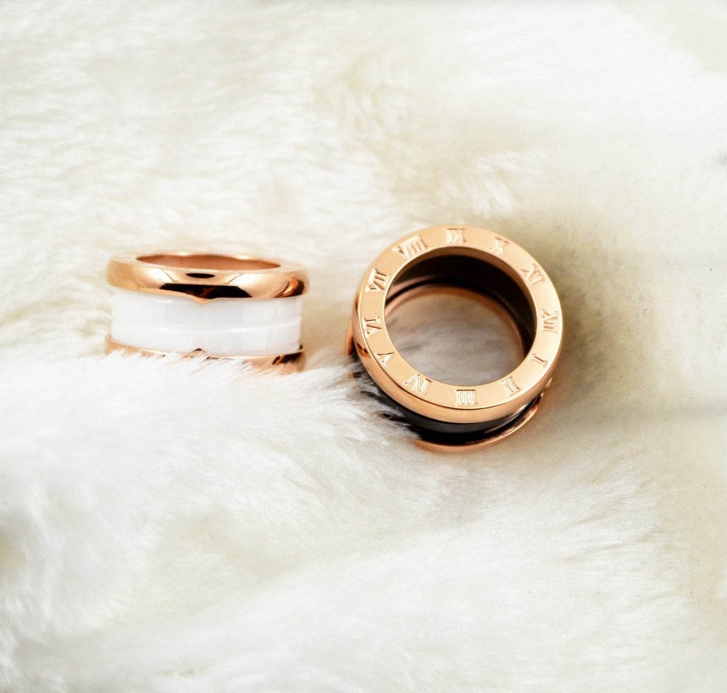 Womens Ceramic Ring with Titanium Steel and Rose Gold Accent Female Jewelry Black and White Ring National Style Gift Travel Souvenir Individually Packed