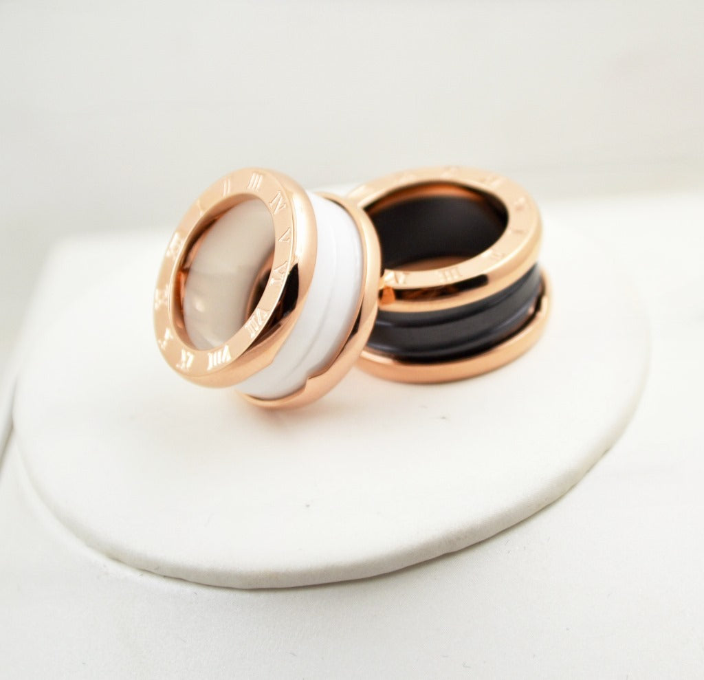 Womens Ceramic Ring with Titanium Steel and Rose Gold Accent Female Jewelry Black and White Ring National Style Gift Travel Souvenir Individually Packed