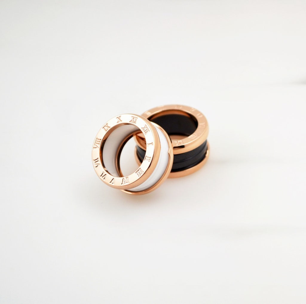 Womens Ceramic Ring with Titanium Steel and Rose Gold Accent Female Jewelry Black and White Ring National Style Gift Travel Souvenir Individually Packed