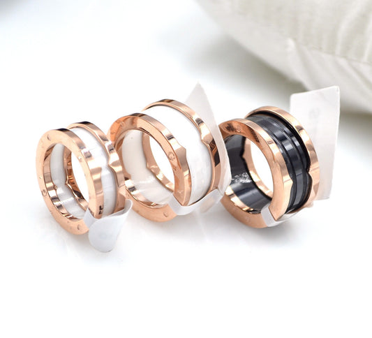 Womens Ceramic Ring with Titanium Steel and Rose Gold Accent Female Jewelry Black and White Ring National Style Gift Travel Souvenir Individually Packed