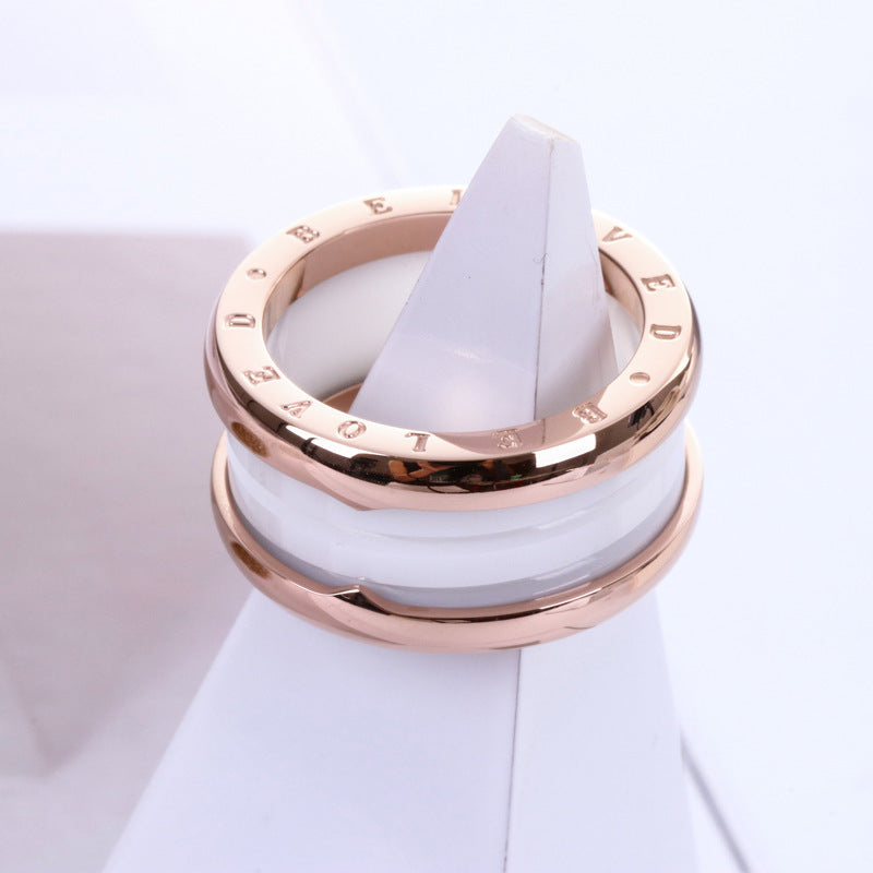 Womens Ceramic Ring with Titanium Steel and Rose Gold Accent Female Jewelry Black and White Ring National Style Gift Travel Souvenir Individually Packed